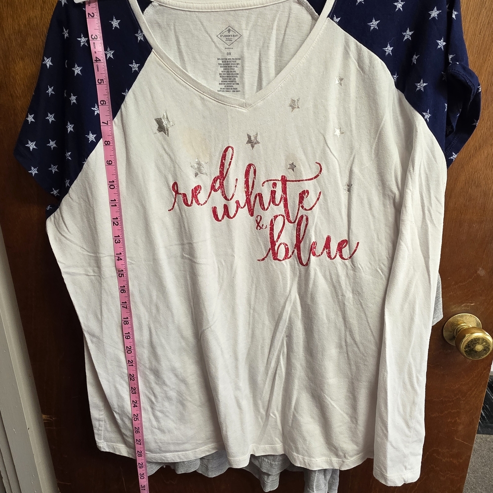 St. John's Bay Cream and Navy Raglan Short Sleeve Tee with Red Script